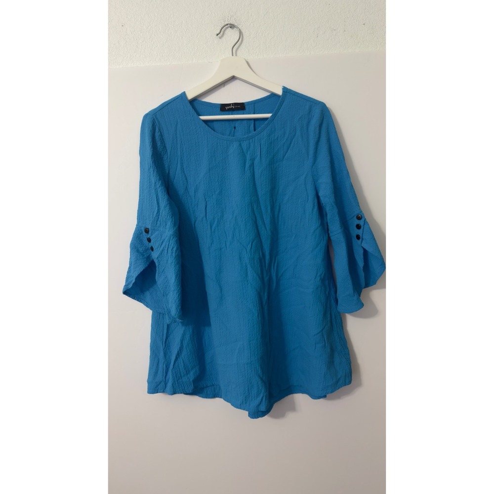 Yushi Blouse Womens XL Turquoise Bell Sleeve Textured Tunic Top Coastal Office